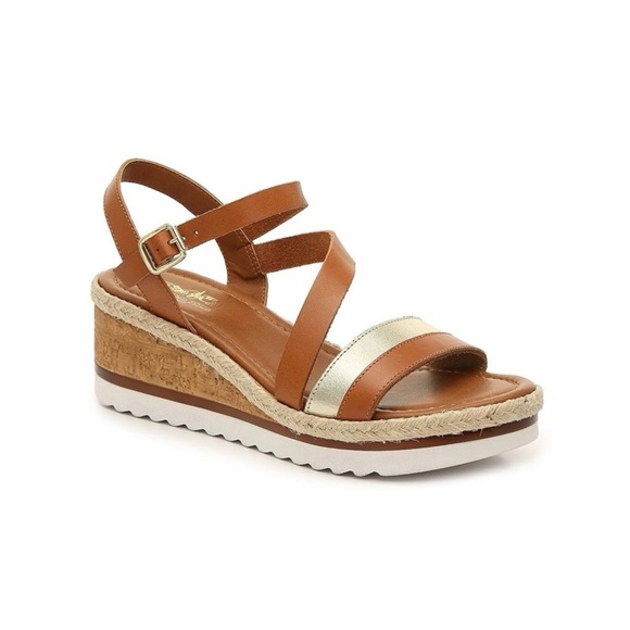 EUC/LIKE NEW Coach and Four Banno Cork Wedge Sandals in Luggage/Gold - Size 7 - Picture 1 of 11